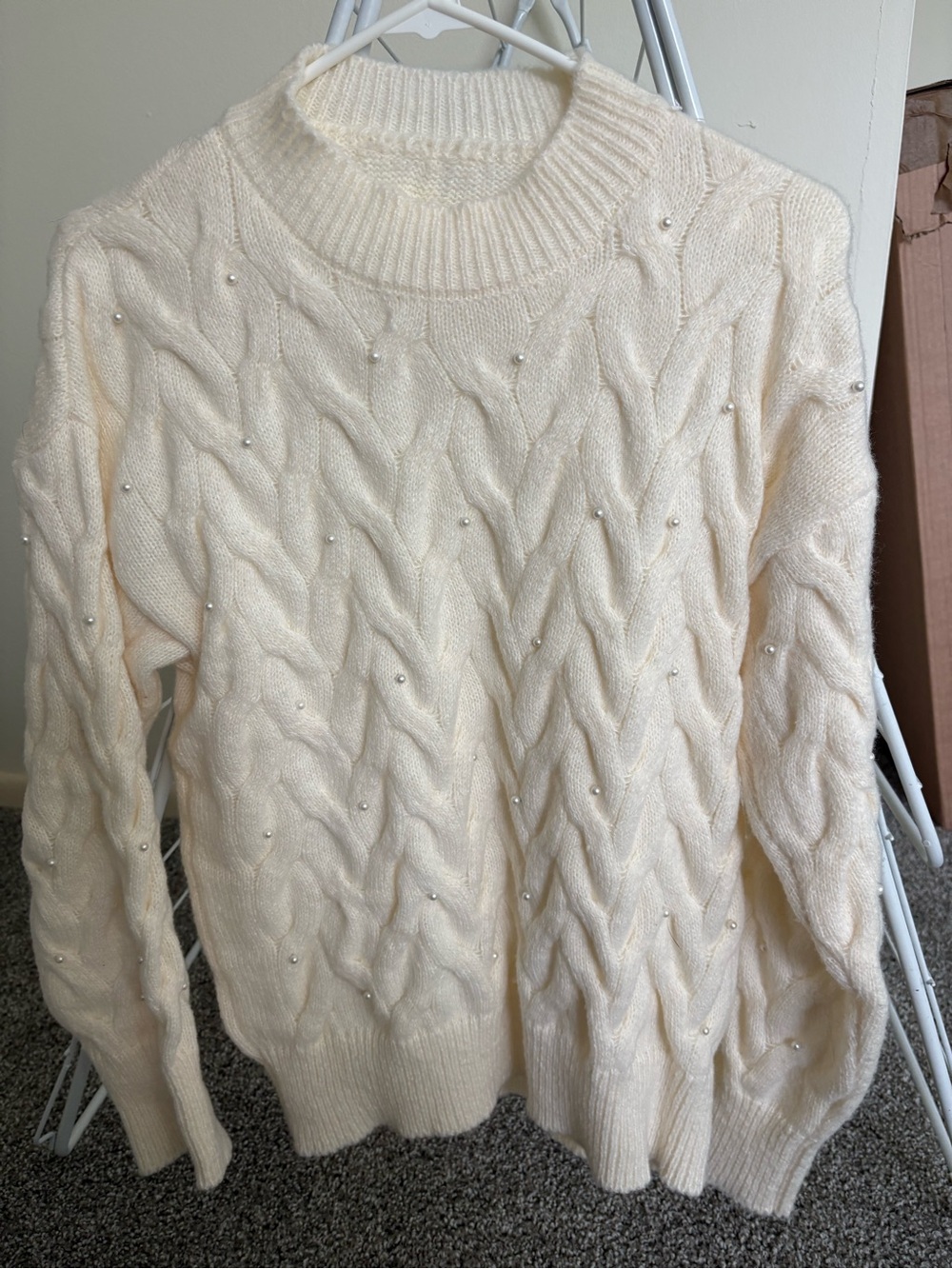 SHEIN Cream Cable Knit Sweater with Pearls